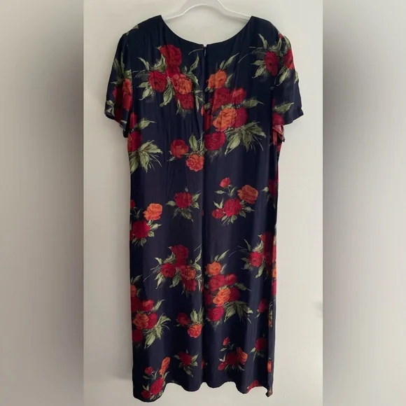 Vintage 90s Talbots Navy Floral Short Sleeve Midi Dress, Made in USA, Women's 18 - Picture 4 of 7